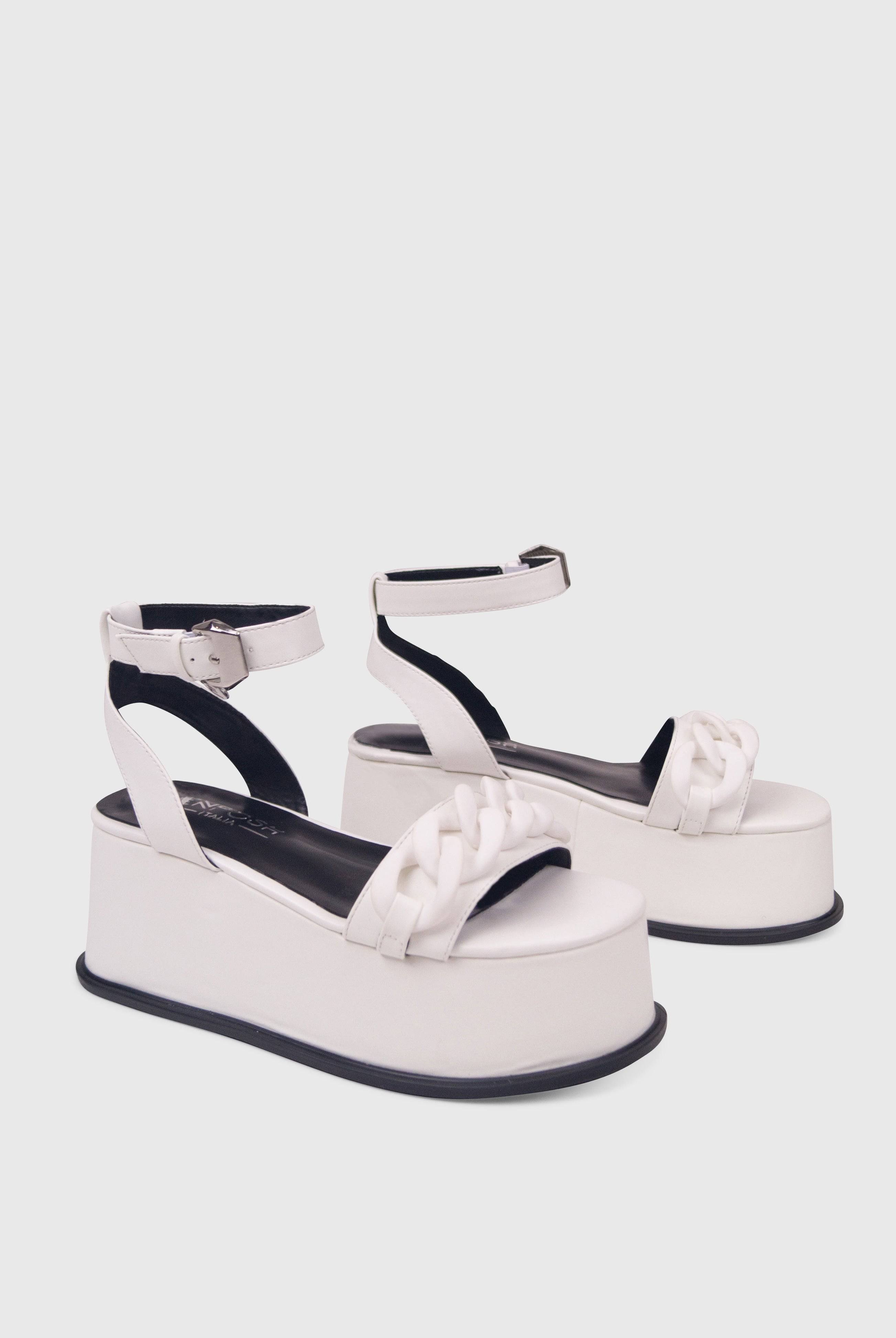 TESS Bianco Vegas - Sandali zeppa flatform con dettaglio catena opaca | ENPOSH
