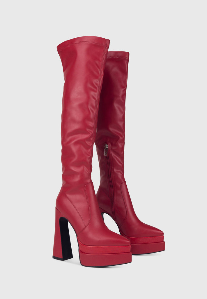 ELETTRA Rosso Rubino - Stivali alti sopra il ginocchio a punta con doppio plateau a contrasto | ENPOSH
