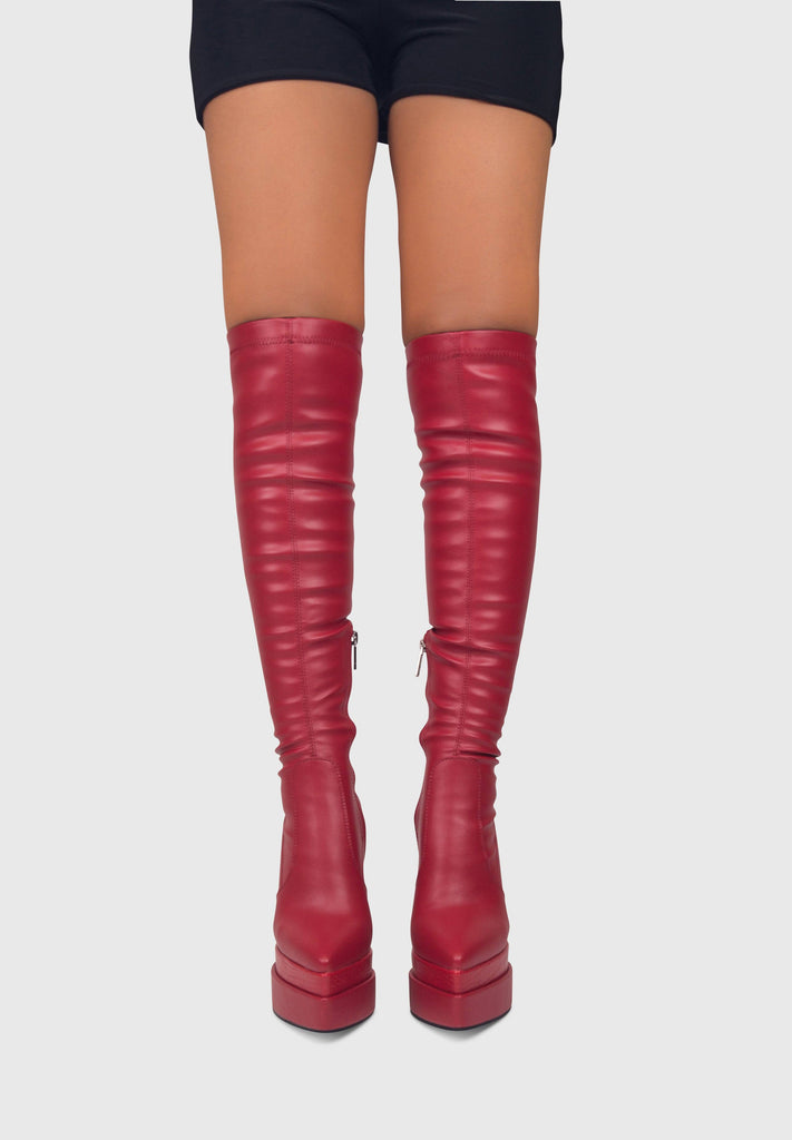 ELETTRA Rosso Rubino - Stivali alti sopra il ginocchio a punta con doppio plateau a contrasto | ENPOSH
